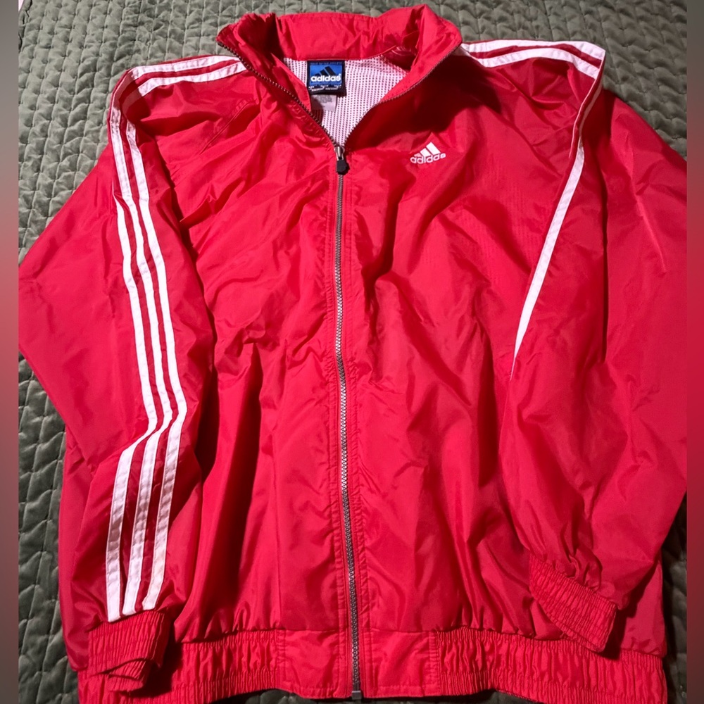 Adidas red nylon track jacket with hood 3 stripes 90s Y2K size large